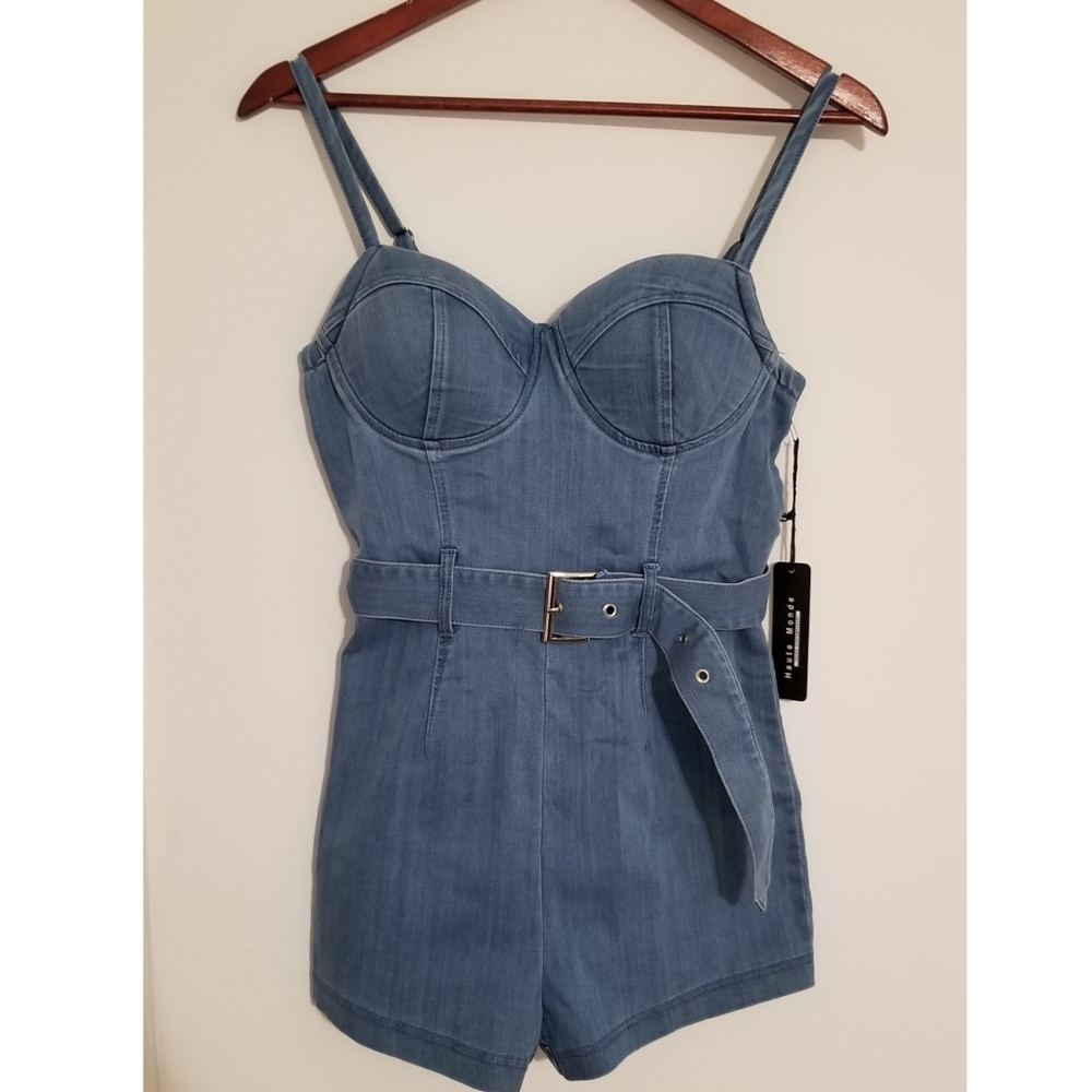 Haute Monde Couture Blue Denim Belted Waist Romper Sweetheart Neckline